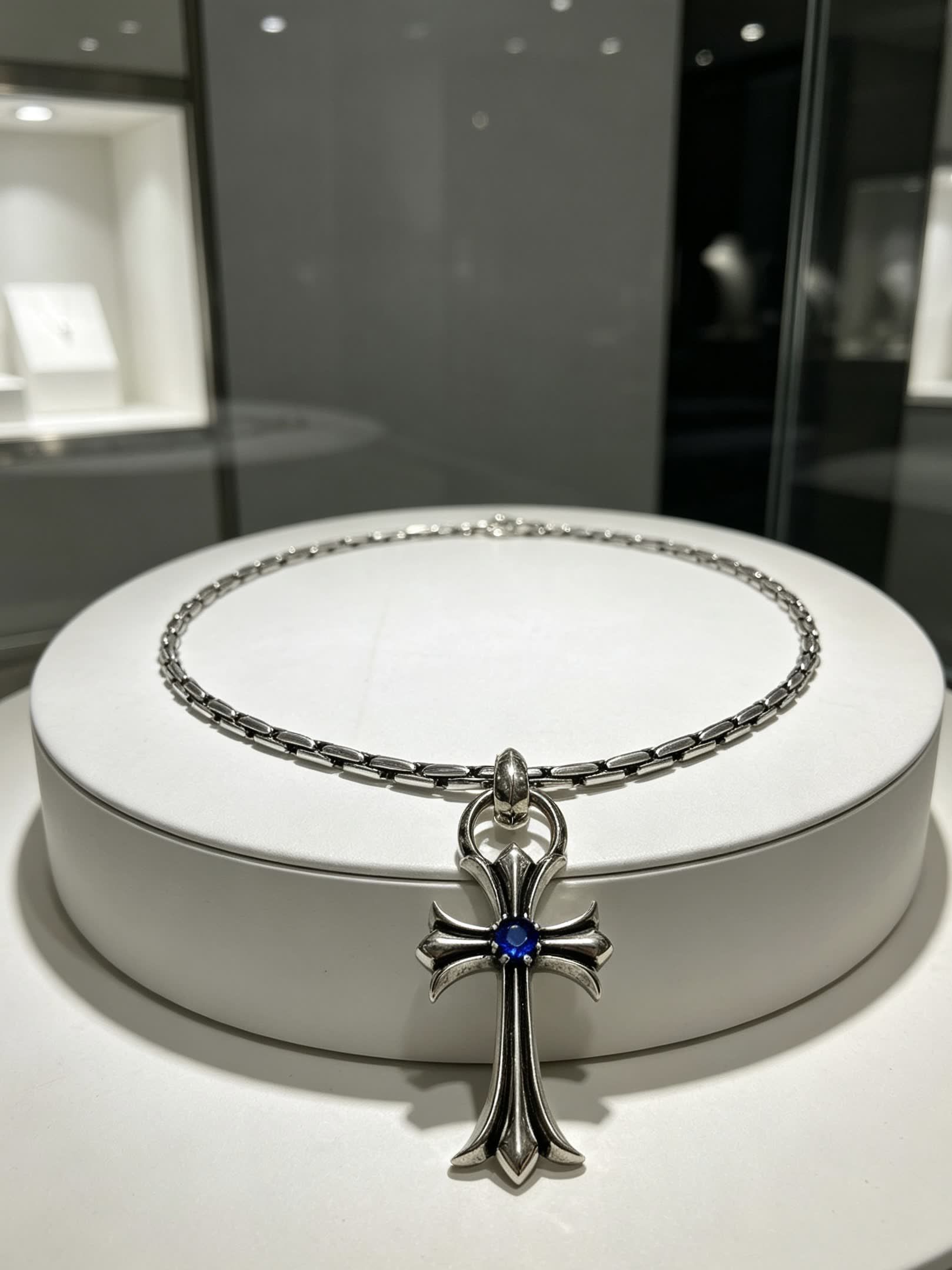 Chrome Hearts Silver Cross Pendant with Blue Gemstone